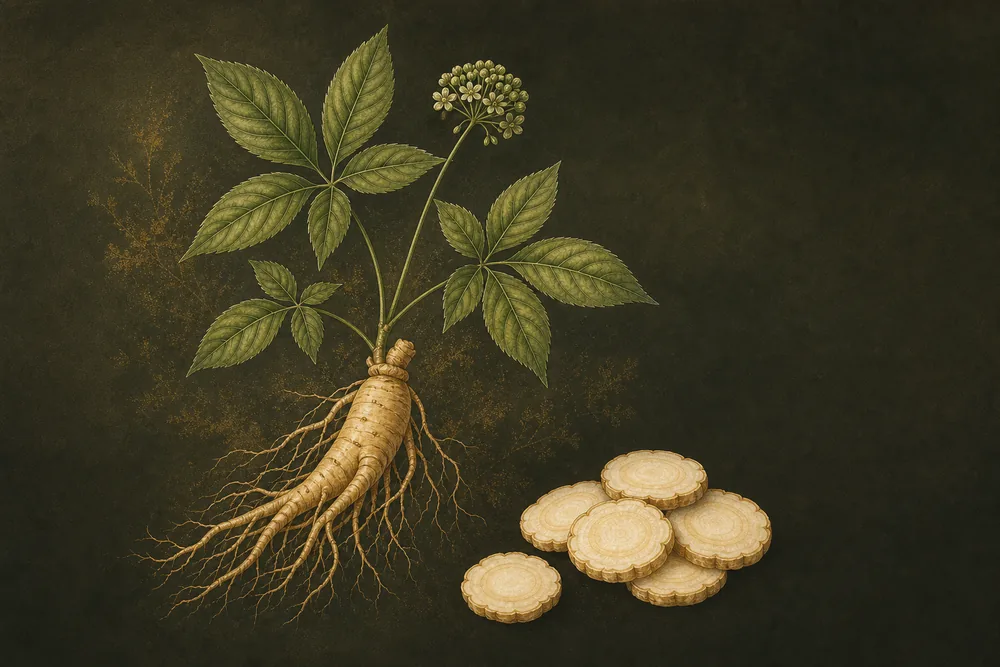 西洋参植株、参根与参片本草插画